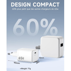 Chargeur USB C 65W, Charge Rapide PD3.0 PPS, GaN II avec Câble Tressé 2M, Compatible pour MaxBook Pro/Air, pour Samsung Galaxy S