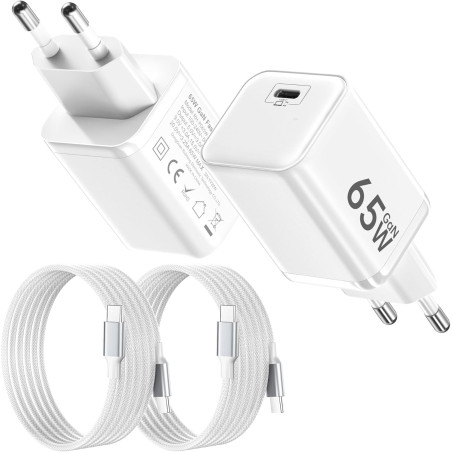 2PCS Chargeur USB C 65W, Charge Rapide PD3.0 PPS, GaN II avec Câble Tressé 2M, Compatible pour MacBook Pro/Air, pour Samsung Gal