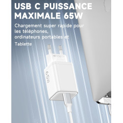 2PCS Chargeur USB C 65W, Charge Rapide PD3.0 PPS, GaN II avec Câble Tressé 2M, Compatible pour MacBook Pro/Air, pour Samsung Gal