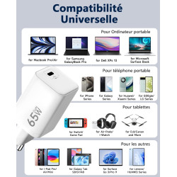 2PCS Chargeur USB C 65W, Charge Rapide PD3.0 PPS, GaN II avec Câble Tressé 2M, Compatible pour MacBook Pro/Air, pour Samsung Gal