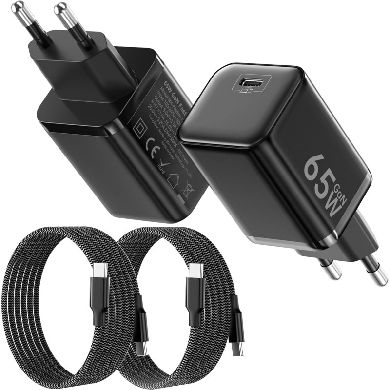 2PCS Chargeur USB C 65W, Charge Rapide PD3.0 PPS, GaN II avec Câble Tressé 2M, Compatible pour MacBook Pro/Air, pour Samsung Gal