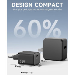 2PCS Chargeur USB C 65W, Charge Rapide PD3.0 PPS, GaN II avec Câble Tressé 2M, Compatible pour MacBook Pro/Air, pour Samsung Gal