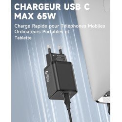 Chargeur USB C 65W, Charge Rapide PD3.0 PPS, GaN II avec Câble Tressé 2M, Compatible pour MacBok Pro/Air, pour Samsung Galaxy S2