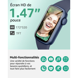 Montre Connectée Femme Homme, 1,47'' Smartwatch avec 137+ Modes Sportifs, Fitness Tracker avec Cardiofréquencemètre, Sommeil, Po