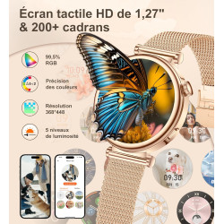 Montre connectée femme avec appel bleutooth, smartwatch ronde 1,27" 41mm pour petit poignet, 3 bracelet, 100 modes sport suivi s