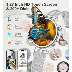 Montre connectée femme avec appel bleutooth, smartwatch ronde 1,27" 41mm pour petit poignet, 3 bracelet, 100 modes sport suivi s