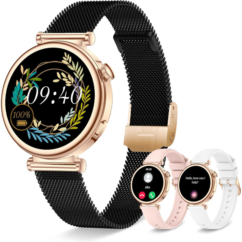 Montre connectée femme avec appel bleutooth, smartwatch ronde 1,27" 41mm pour petit poignet, 3 bracelet, 100 modes sport suivi s