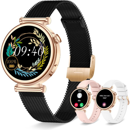 Montre connectée femme avec appel bleutooth, smartwatch ronde 1,27" 41mm pour petit poignet, 3 bracelet, 100 modes sport suivi s