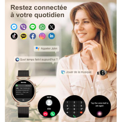 Montre connectée femme avec appel bleutooth, smartwatch ronde 1,27" 41mm pour petit poignet, 3 bracelet, 100 modes sport suivi s