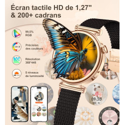 Montre connectée femme avec appel bleutooth, smartwatch ronde 1,27" 41mm pour petit poignet, 3 bracelet, 100 modes sport suivi s