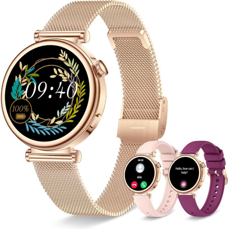 Montre connectée femme avec appel bleutooth, smartwatch ronde 1,27" 41mm pour petit poignet, 3 bracelet, 100 modes sport suivi s