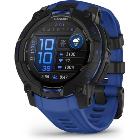 Garmin Instinct 3, AMOLED (édition limitée) - Montre GPS Robuste et connectée – Noire avec Bracelet Bleu électrique – Boîtier 45