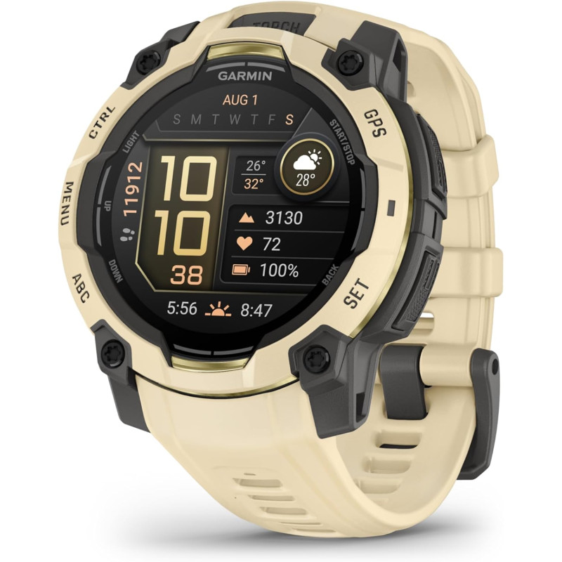 Garmin Instinct 3, AMOLED (édition limitée) - Montre GPS Robuste et connectée – Sable avec Bracelet Silicone Sable– Boîtier 45 m
