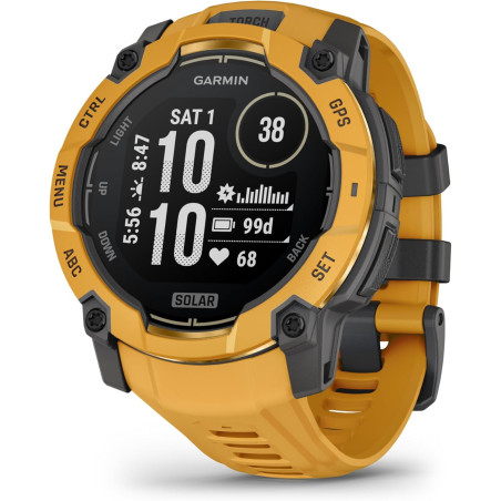 Garmin Instinct 3, Solar - Montre GPS connectée et Robuste avec écran Solaire- Jaune avec Bracelet Silicone Jaune Or/Gris – Boît