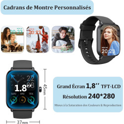 Kalinco montre connectée femme homme avec alexa intégré, 1,8" smartwatch avec appel bleutooth, podometre/fréquence cardiaque/som