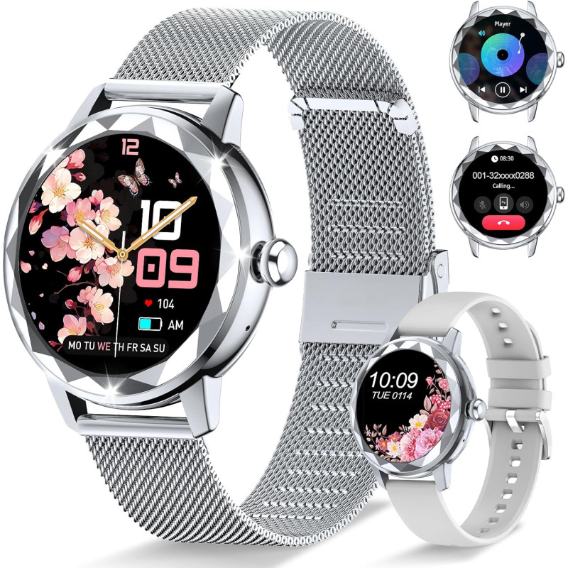 Montre connectée femme, avec 2 bracelets ajustables, fonction appel/réponse bleutooth, écran tactile 1,19" smartwatch, suivi 123