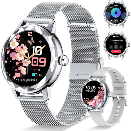 Montre connectée femme, avec 2 bracelets ajustables, fonction appel/réponse bleutooth, écran tactile 1,19" smartwatch, suivi 123