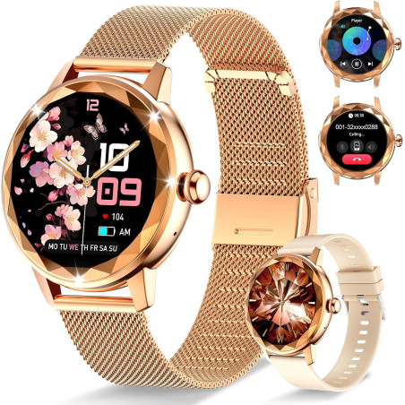 Montre connectée femme, avec 2 bracelets ajustables, fonction appel/réponse bleutooth, écran tactile 1,19" smartwatch, suivi 123