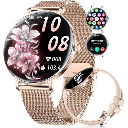 SUNKTA Montre Connectée Femme Léger avec Ultra-Mince 1.43'' Écran Courbé AMOLED Appels Podómetro/Fréquence Cardiaque 100+ Modes 