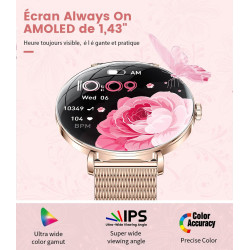SUNKTA Montre Connectée Femme Léger avec Ultra-Mince 1.43'' Écran Courbé AMOLED Appels Podómetro/Fréquence Cardiaque 100+ Modes 