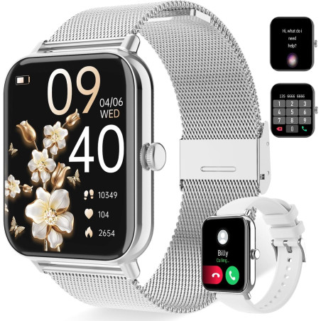 Montre Connectée Femme, 1,85" Smartwatch 100+ Modes Sportifs Podometre Moniteur de Fréquence Cardiaque Tension artérielle SpO2 M
