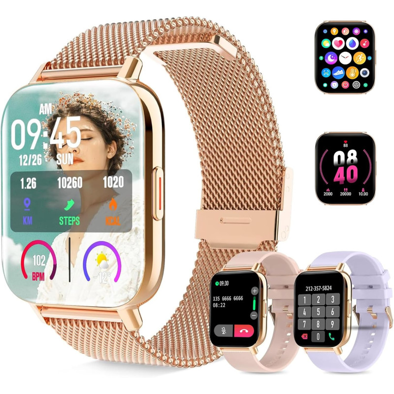 Montre Connectée Femme Homme,3 Bracelets Santé Féminine Sommeil Fréquence Cardiaque SpO2, 100+ Modes Sportifs, 1.7" Montre Intél