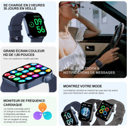Montre connectée femme homme avec appels bleutooth, 1.85" hd smartwatch avec 140+ modes sportifs, etanche ip68 montre connectee 