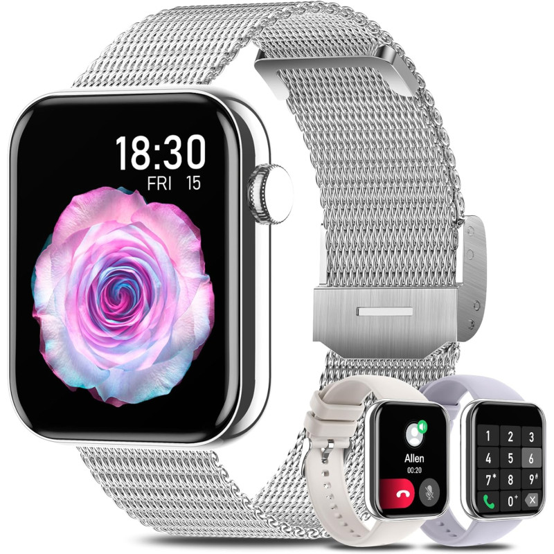 Montre connectée femme, 1.85'' montre intelligente avec appels bleutooth notification de message, fréquence cardiaque spo2 somme