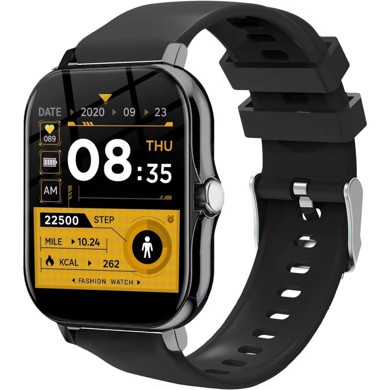 Montre Connectée Compatible avec iPhone et Android, Écran Tactile 4,5 cm, Bracelet Noir, Dimensions 24,5 x 3,4 x 1,1 cm