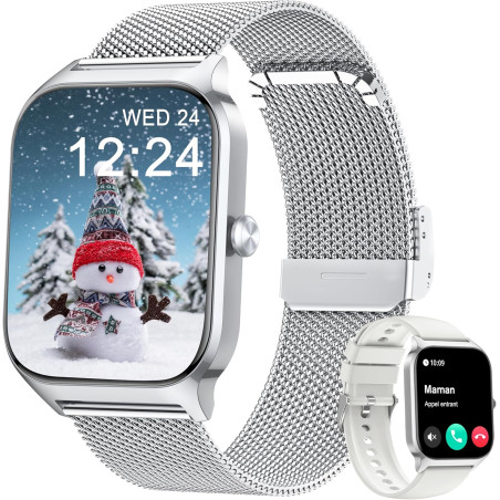 Popglory montre connectée femme homme, appel bleutooth avec 100+ sport 1,85 smartwatch, fréquence cardiaque pression artérielle 