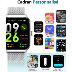 Popglory montre connectée femme homme, appel bleutooth avec 100+ sport 1,85 smartwatch, fréquence cardiaque pression artérielle 