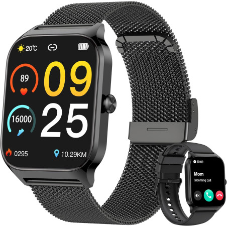 Popglory montre connectée femme homme, appel bleutooth avec 100+ sport 1,85 smartwatch, fréquence cardiaque pression artérielle 