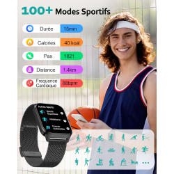 Popglory montre connectée femme homme, appel bleutooth avec 100+ sport 1,85 smartwatch, fréquence cardiaque pression artérielle 