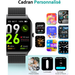 Popglory montre connectée femme homme, appel bleutooth avec 100+ sport 1,85 smartwatch, fréquence cardiaque pression artérielle 