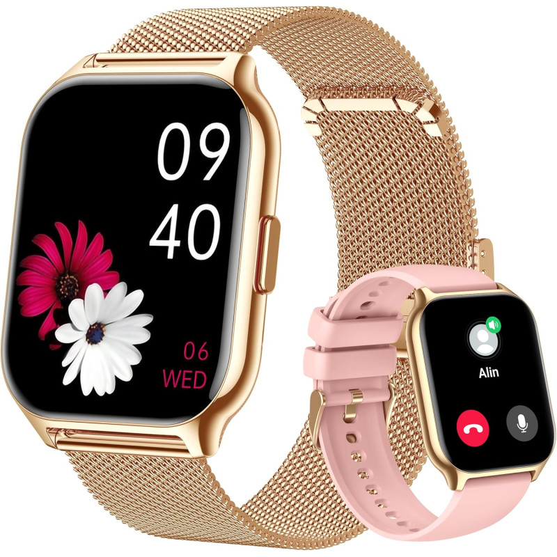 Popglory montre connectée femme homme avec appel bleutooth, 2,01'' sport smartwatch moniteur de fréquence cardiaque/tension arté