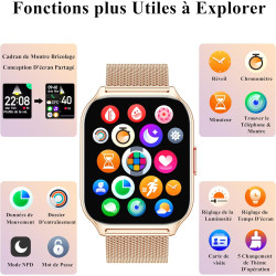 Popglory montre connectée femme homme avec appel bleutooth, 2,01'' sport smartwatch moniteur de fréquence cardiaque/tension arté