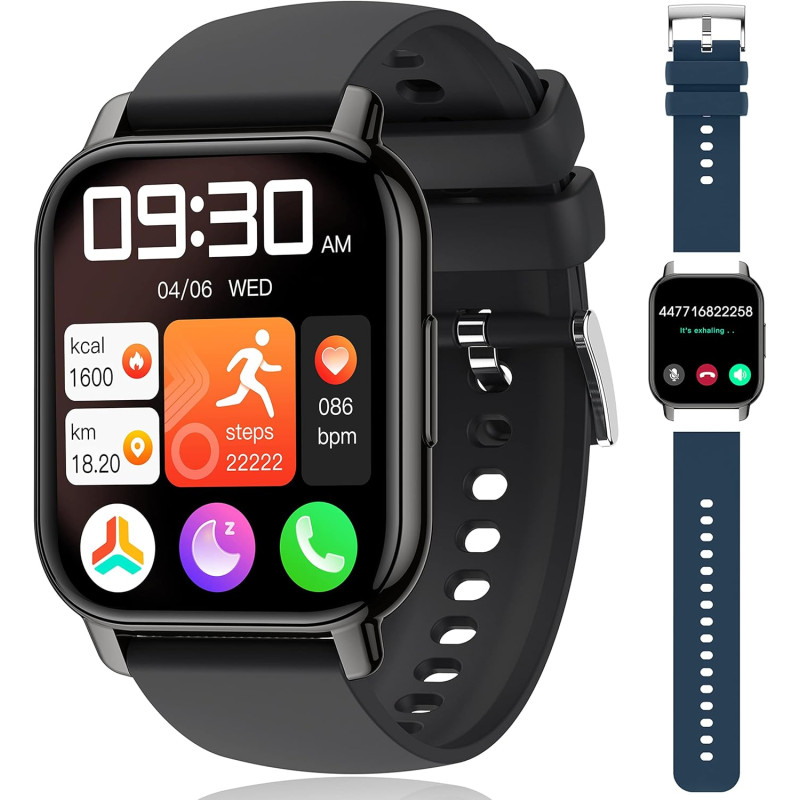 Popglory montre connectée homme femme avec appel bleutooth, 1,85'' sport smartwatch moniteur de fréquence cardiaque/tension arté