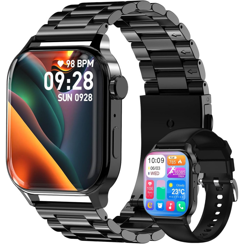 Montre Connectée Homme, avec 2 Bracelets Réglables, avec la Fonction D'appel et L'assistant Vocal, 100+ Modes Sportifs, Style d'