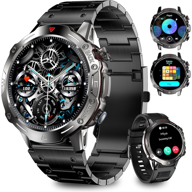 Montre Connectée Homme, avec 2 Bracelets, Smartwatch, 100+ Modes Sportifs, Cardiaque 24/7, Surveillance du Sommeil, Téléphone et