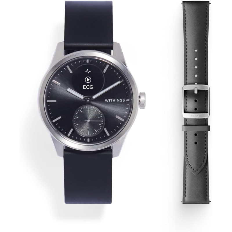 Withings bundle scanwatch 2 bundle 42mm noir + leather curve noir silver buckle wrist band
