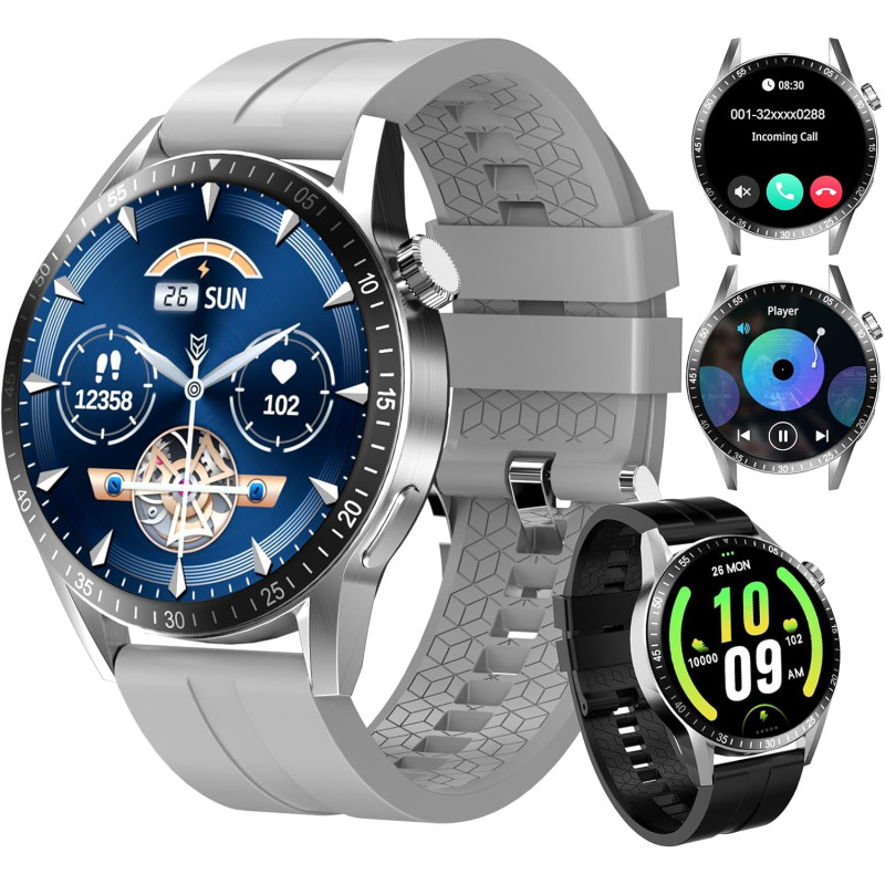 Montre Connectée Hommes, avec 2 Silicone Bracelets, Dotée de Fonctions D'appel, D'assistant Vocal et de Messages, 100+ Modes Spo