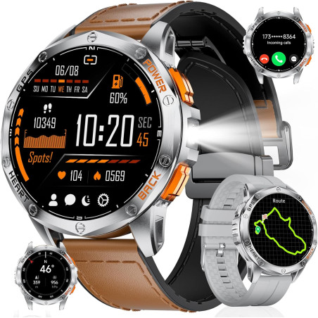 GPS Montre Connectée 48mm LED Lampe/530mAh Batterie, 1,43'' AMOLED Montre Connectée 10ATM Étanche Militaire avec Baromètre, Bous