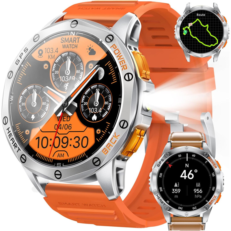 Montre Connectée Homme GPS Intégré,Lampe de Poche,Montre de Fitness avec110+ Modes Sportifs,24/7 Surveillance de la Santé,30 Jou