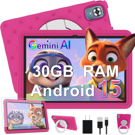 DMOAO Tablette Enfants 10 Pouces Android 15 avec 30Go RAM (TF 2To), 5G WI-FI 6, Widevine L1, Contr ô Le Parental, 8-Core, Tablet