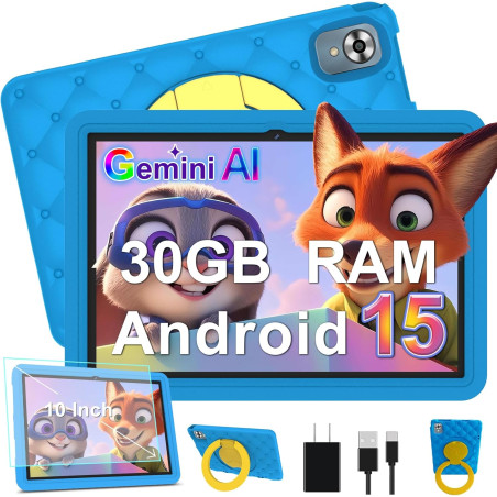 DMOAO Tablette Enfants 10 Pouces Android 15 avec 30Go RAM (TF 2To), 5G WI-FI 6, Widevine L1, Contrôle Parental, 8-Core, Tablette