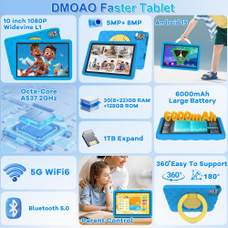DMOAO Tablette Enfants 10 Pouces Android 15 avec 30Go RAM (TF 2To), 5G WI-FI 6, Widevine L1, Contrôle Parental, 8-Core, Tablette