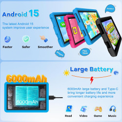 DMOAO Tablette Enfants 10 Pouces Android 15 avec 30Go RAM (TF 2To), 5G WI-FI 6, Widevine L1, Contrôle Parental, 8-Core, Tablette