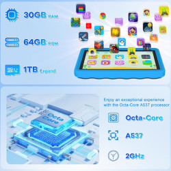 DMOAO Tablette Enfants 10 Pouces Android 15 avec 30Go RAM (TF 2To), 5G WI-FI 6, Widevine L1, Contrôle Parental, 8-Core, Tablette