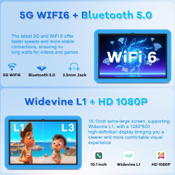 DMOAO Tablette Enfants 10 Pouces Android 15 avec 30Go RAM (TF 2To), 5G WI-FI 6, Widevine L1, Contrôle Parental, 8-Core, Tablette