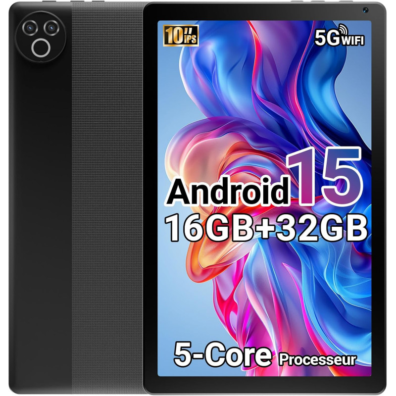 Tablette 10 pouces android 15 2026, 16 go ram, processeur 5 cœurs, écran hd ips 1280x800, double caméra, wifi 6 5g, bleutooth 5.